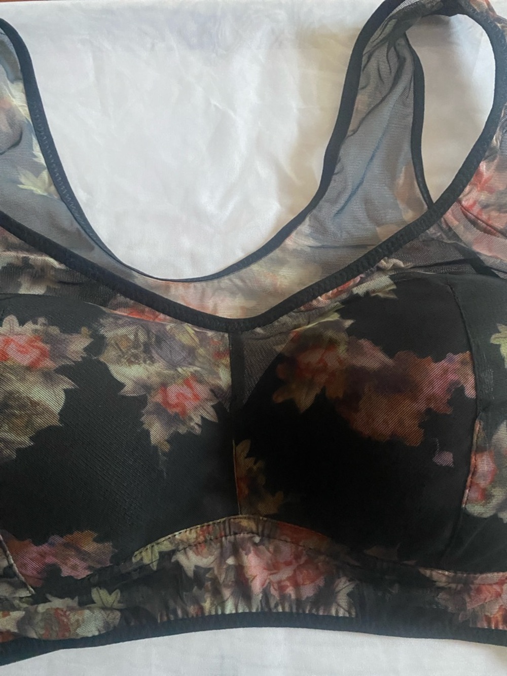 Floral Sheer Mesh Bralette - Black with Pink Floral